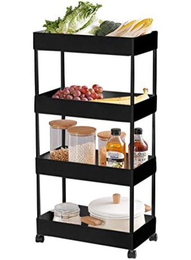 AQUILUX Rolling Storage Cart 4-Tier Slide Out Rolling Utility Cart Hollow Carved Storage Basket Organizer Shelf Rack with Wheels for Kitchen Bathroom Laundry (Black) - Image 1